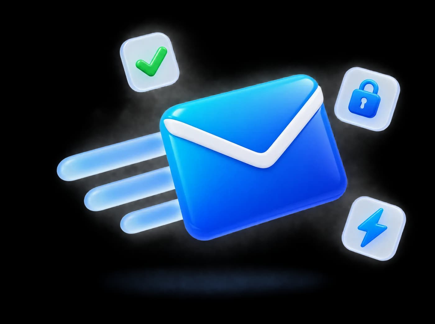 A blue envelope speeding forward, surrounded by delivered, secure and fast badges